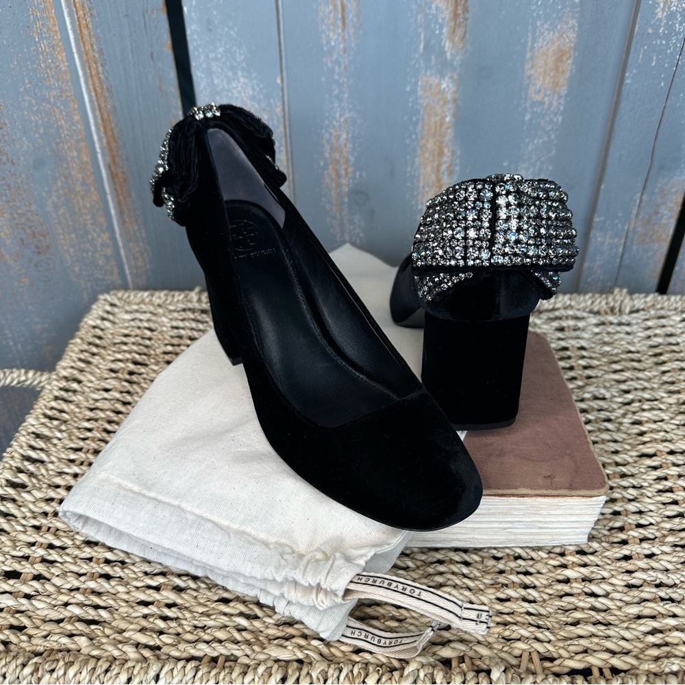 Tory Burch Josephine Velvet Rhinestone Bow Pump Black Sz 7.5